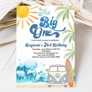 The Big One Surf Birthday Invitation Boy Surfs Up 1st Birthday Invite Surfing Beach Party Retro Surf Van Ocean Wave Surfboard EDITABLE AT01B