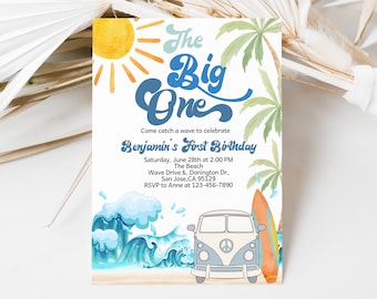 The Big One Surf Birthday Invitation Boy Surfs Up 1st Birthday Invite Surfing Beach Party Retro Surf Van Ocean Wave Surfboard EDITABLE AT01B