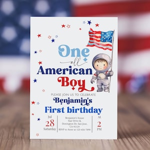 One All American Boy Birthday Invitation 4th of July Patriotic Birthday Invite Independence Day USA Flag Astronaut Fireworks EDITABLE AT85R