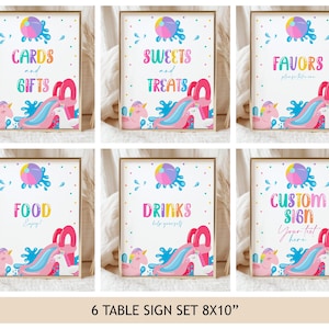 Water Slide Birthday Table Sign Set, Summer Pool Party Poster Bundle, Splish Splash Bash Party Decor, Pink Unicorn Float Printable BT77P