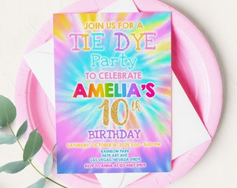 Tie Dye Invitation Birthday Party Invite Girl Rainbow Sip and Paint Peace Love Tween Teen Digits Instant Download EDITABLE Template BTD043