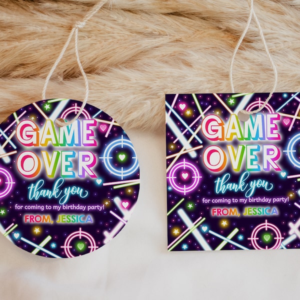 Laser Tag Favor Tags Girl Gamer Birthday Gift Tags Kids Lazer Tag Party Neon Glow Pink Rainbow Arcade Game Thank You Tags Printable BT63P