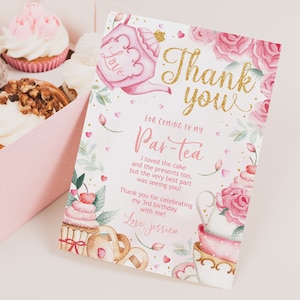 Tea Party Baby Shower Biglietto di ringraziamento Ragazza 1° compleanno Festa di ringraziamento Nota di ringraziamento Teiera floreale rosa cipria Giardino del tè alto Stampabile BS18P BT10P