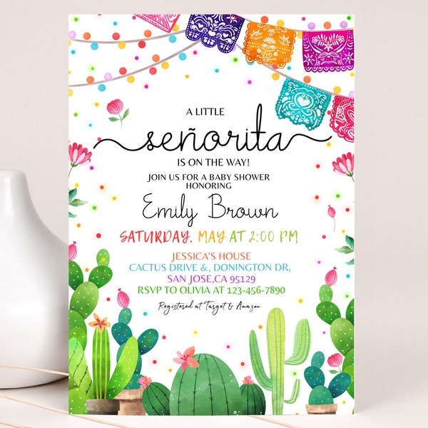 A Little Senorita Fiesta Baby Shower Invitation Mexican Flowers Cactus Succulent Gender Neutral Party Invite Cinco De Mayo EDITABLE BS54