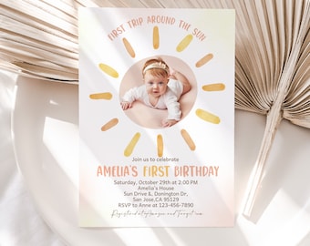 First Trip Around The Sun Invitation Photo Boy Girl 1st Birthday Invite Boho Sun Rainbow Summer Party Little Sunshine EDITABLE Template AT13