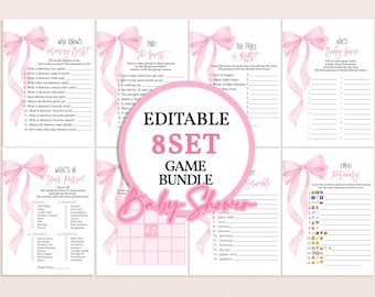 Roze strik babyshower spelletjes set flirt strik spelbundel zacht pastelroze lint elegante afdrukbare emoji bingo woord scramble afdrukbare AS20P