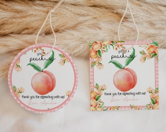Peach Birthday Favor Tags One Sweet As a Peach Thank You Stickers Summer Floral Pink Gold Gift Tags Round Label Printable Template AT05