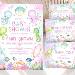 Nautical Baby Shower Bundle Under the Sea Gender Neutral Party Invitation Suite Underwater Ocean Sea Life Animals Invite Set EDITABLE BS77P