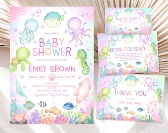 Nautical Baby Shower Bundle Under the Sea Gender Neutral Party Invitation Suite Underwater Ocean Sea Life Animals Invite Set EDITABLE BS77P