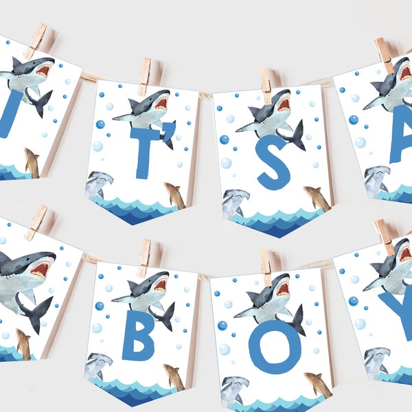 Tiburón Baby Shower Banner Náutico Baby Shower Garland Niño Género Neutral Decoración Bajo el Mar Océano Verano Piscina Fiesta EDITABLE Prop BS48