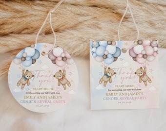 Teddy Bear Gender Reveal Party Gift Tags Boho Baby Shower Thank You Stickers Boy or Girl He or She Balloons Printable Favor Template BS21M