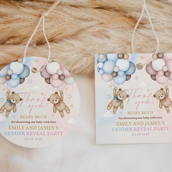 Teddy Bear Gender Reveal Party Gift Tags Boho Baby Shower Thank You Stickers Boy or Girl He or She Balloons Printable Favor Template BS21M