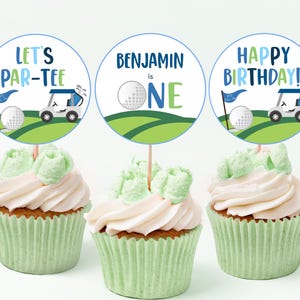 Topper per cupcake di compleanno con scritta "Buca in uno" Decorazione per festa di compleanno per bambini Primo compleanno Golf Facciamo festa Tee Time Etichette per dessert stampabili BT24B