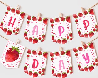 Strawberry Birthday Banner Berry First Birthday Party Decor Girl 1st Birthday Bunting Flag Berry Sweet One Garland EDITABLE Prop BT37P