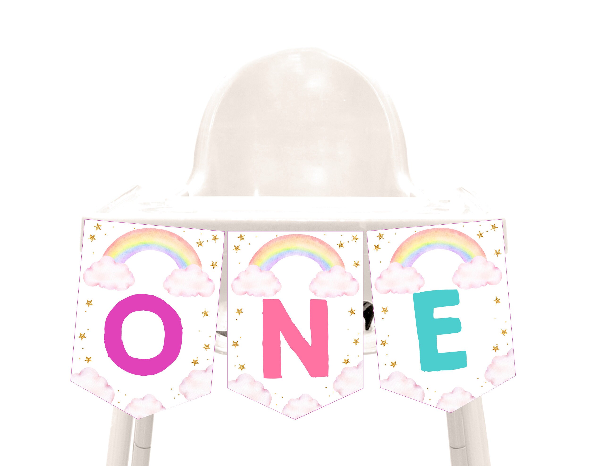 Unicorn High Chair Banner Girl 1st First Birthday Party Decor Magical Pastel Rainbow Unicorn Bunting Flag Pink Purple Gold Printable BT20P