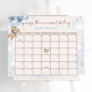 Ours en peluche baby shower, date d'échéance du calendrier, jeu devinez la décoration de fête d'anniversaire de bébé, nous pouvons attendre Bearly, herbe de la pampa bleue imprimable BS21B
