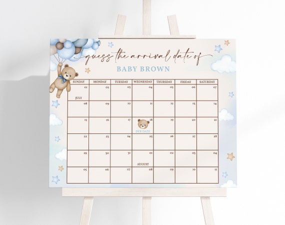 Teddy Bear Baby Shower Baby Due Date Calendar Game Guess Baby's Birthday  Party Decor Boho Blue Pampas Grass Printable Sign Template BS21B - Etsy