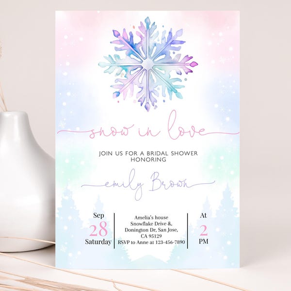 Invitación para despedida de soltera con copos de nieve, invitación "Nieve en el amor", despedida de soltera invernal, Navidad rosa y azul, pinos del bosque (EDITABLE BR11P)