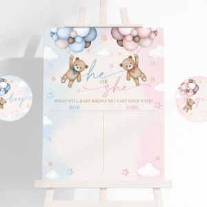 Teddy Bear Gender Reveal Voting Sign Pink Blue Bear Baby Shower Games Gender Neutral Party Decor Boho Pampas Grass Printable Poster BS21M