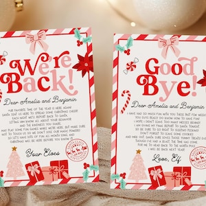 Può includere: Due biglietti di Natale con accenti rossi e rosa. Uno dice "We're Back!" e l'altro "Good Bye!". Entrambi i biglietti presentano illustrazioni festive di bastoncini di zucchero, regali e un albero di Natale. I biglietti sono indirizzati ad Amelia e Benjamin.
