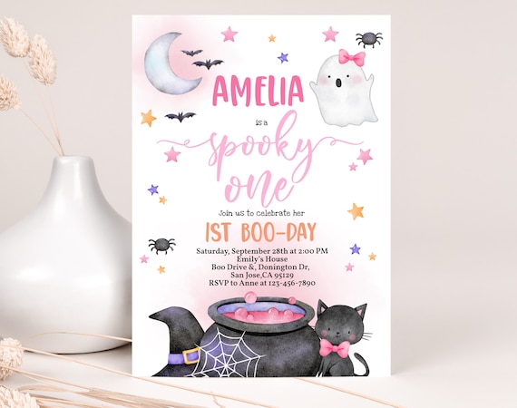 Halloween Birthday Invitation, Spooky One Invite, Cute Pink Ghost, 1st First Boo Day, Spooktacular Party, EDITABLE BT87WP