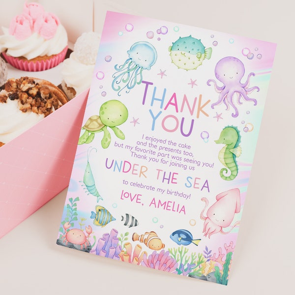 Carte de remerciement d'anniversaire sous la mer Note de remerciement nautique pour baby shower fille 1er anniversaire fête océan animaux marins imprimable BS77P AT07P