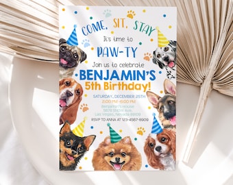 Invito di compleanno per cani, invito per festa di compleanno per bambini, cucciolo blu, festa di adozione di animali domestici, tema animali, vieni, siediti, resta, modificabile BT51B