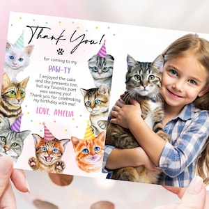 Katzen-Geburtstags-Foto-Dankeschön-Karte Mädchen 1. Geburtstag Dankeschön Hinweis Pink Kitty Cat Party Animals Printable BT80P