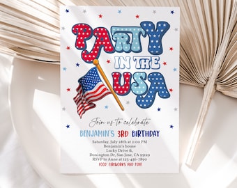 Fourth of July verjaardagsuitnodiging retro groovy feest in de VS patriottische uitnodiging 4 juli Independence Day rood wit blauw BEWERKBARE HL29