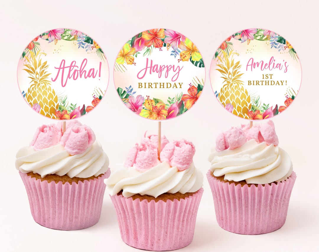 Luau Birthday Cupcake Toppers Girl First Birthday Decor Hawaiian