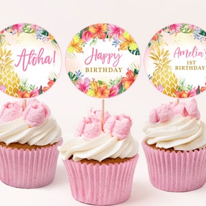 Adornos para cupcakes de cumpleaños de Luau, decoración para el primer cumpleaños de niña, etiquetas para postres de fiesta tropical hawaiana de verano, piña dorada Aloha imprimible AT02P