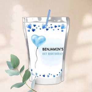 Etiquetas para sachês de suco para o Dia dos Namorados, decoração para festa de aniversário de namorados, primeiro dia dos namorados, etiqueta para bebida, balões com corações azuis para impressão BT92B