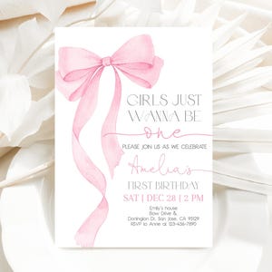 Pink Bow Birthday Invitation Soft Pastel Pink Ribbon Elegant Coquette Girl 1st Birthday Party Invite Girls Just Wanna Be ONE EDITABLE AT63P