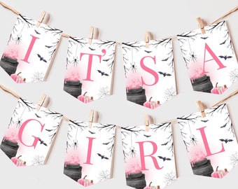 A Baby is Brewing Halloween Baby Shower Banner Witch Gender Neutral Party Decor Girl Pink Fall Autumn Garland EDITABLE Photo Prop BS66P