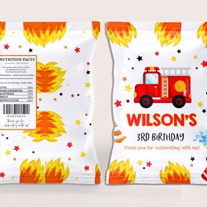 Firetruck Chip Bag Labels Boy 1st First Birthday Party Decor Fireman Firefighter Snack Treats Bag Fire Truck Fire Department Printable BT02W