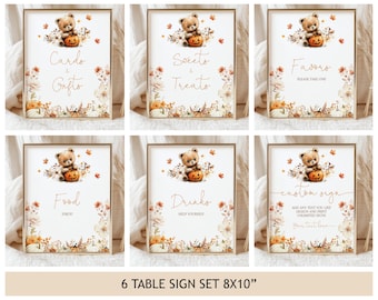 Falling in Love Baby Shower Table Sign Set, Teddy Bear Fall Pumpkin Floral Poster Bundle, Autumn Flowers Party Decor EDITABLE AS01O CT31O