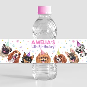 Hund Wasserflasche Etikett Mädchen 1.Geburtstag Party Dekoration Rosa Welpe Pawty Haustier Adoption Party Tiere Komm Sitzt Bleiben Getränk Etikett Printable BT51P