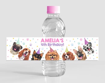 May include: Water bottle label with a colorful design featuring a variety of dogs wearing party hats. The label says "Amelia's 4th Birthday!"