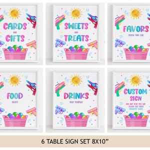 May include: A set of six white-framed signs featuring a summer theme with a yellow sun, colourful water guns, and a pink bucket filled with water balloons. The signs display text including Cards and Gifts, Sweets and Treats, Favors, Food, Drinks, and Custom Sign.