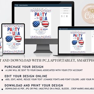 Pu&ograve; includere: Invito digitale con la scritta "Party in the USA" e occhiali da sole con i colori della bandiera americana. Il design &egrave; mostrato su vari dispositivi. Sono incluse le istruzioni per la modifica e il download.