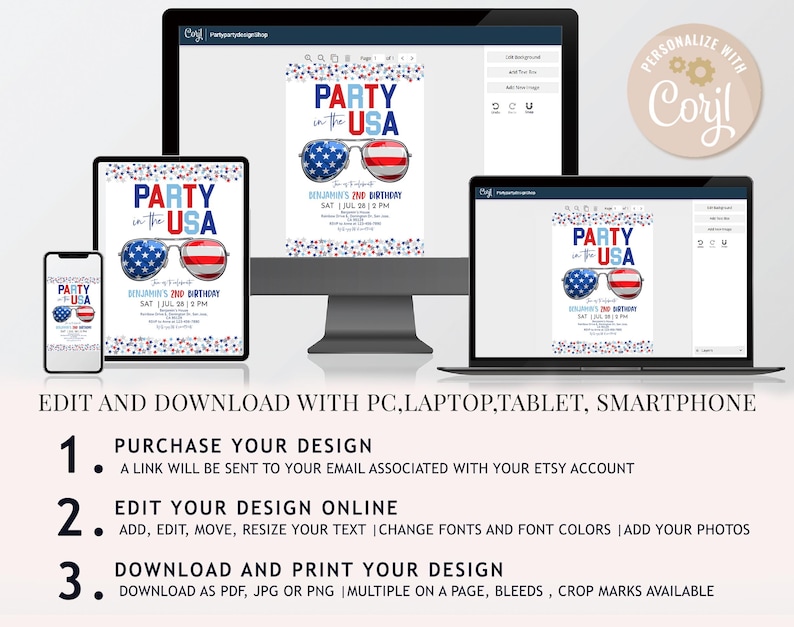Pu&ograve; includere: Invito digitale con la scritta "Party in the USA" e occhiali da sole con i colori della bandiera americana. Il design &egrave; mostrato su vari dispositivi. Sono incluse le istruzioni per la modifica e il download.