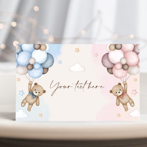 Tiendas de comida para revelar el género de los osos de peluche. Etiquetas para alimentos de We Can Bearly Wait. Hierba de la pampa marrón tostado. Globos aerostáticos bohemios. Tarjetas de lugar imprimibles BS21M