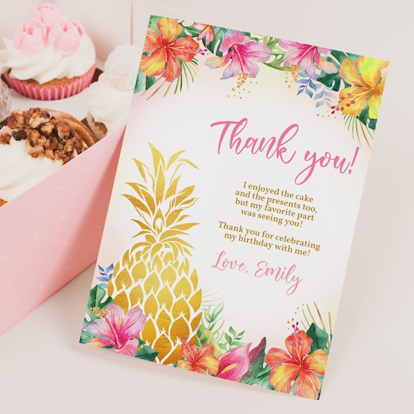 Luau Birthday Thank You Card Aloha Baby Shower Thank You Note Hawaiian Tropical Summer Party Decor Pink Gold Pineapple Printable BS19P AT02P