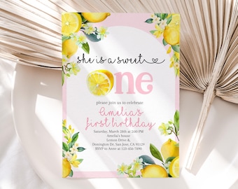 Lemon Birthday Invitation, Shes a Sweet One 1st Invite, Pink Lemonade and Fun, Citrus Floral Sunshine Summer, Yellow Gingham EDITABLE AT79P