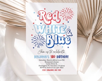 Convite de aniversário para o 4 de julho, vermelho, branco e azul, retrô, patriótico, para festa do Dia da Independência com fogos de artifício. EDITÁVEL HL29