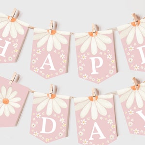 Banner di compleanno con margherite, decorazione per festa del primo compleanno, stile anni '70, retrò, groovy, boho, floreale, margherite, ghirlanda di fiori selvatici, MODIFICABIL BT84P