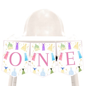 Princess Birthday High Chair Banner Once Upon a Time Princess Dresses Bunting Flag Royal Girl Pink Dress Up Party Decor Printable Prop AT14