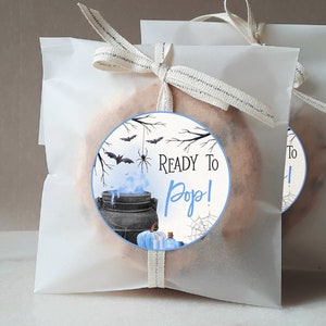 May include: A blue and white round sticker with a cauldron, bats, and a spider. The text on the sticker reads "Ready to Pop!"