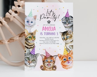 猫の誕生日招待状 子猫ちゃんの1歳の誕生日パーティー招待状 パーティーしよう ペットの里親募集 子猫ちゃん？ニャー ピンクの動物 編集可能 BT80P