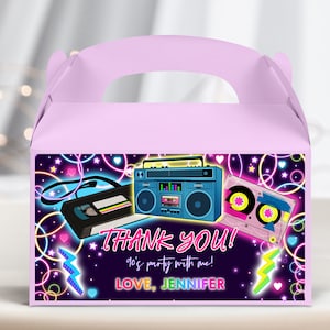 Etykieta na pudełko na imprezę w stylu lat 90., dekoracja na 40. urodziny, pudełko na prezenty w stylu retro z lat 80., powrót do przeszłości, neonowy blask, taniec disco, hip-hop, do wydrukowania, BT49